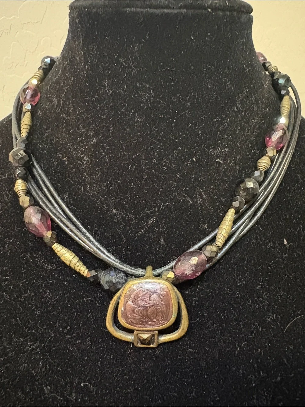 Chico's Black, Purple and Gold Multistrand Pendant Necklace